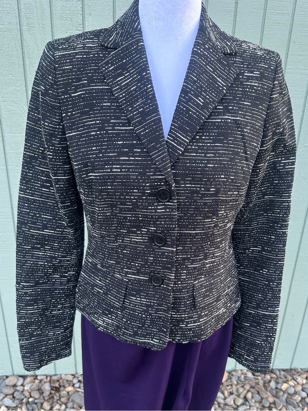 Anne Klein Black & White Textured Button Blazer Jacket